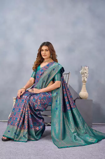Turquoise silk blend banarasi saree with unstitched blouse piece