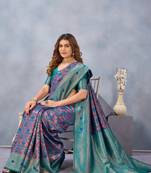 Turquoise silk blend banarasi saree with unstitched blouse piece