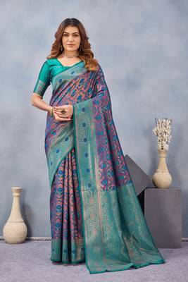 Turquoise silk blend banarasi saree with unstitched blouse piece 2
