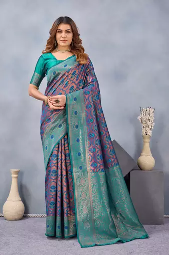 Turquoise silk blend banarasi saree with unstitched blouse piece
