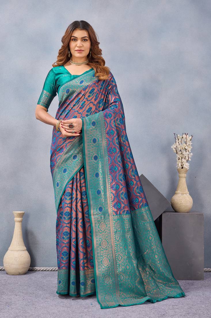 Turquoise silk blend banarasi saree with unstitched blouse piece