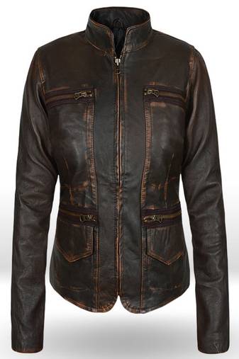 Women's real soft lambskin leather jacket brown rubb off  motorcycle biker stylish