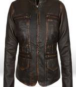 Women's real soft lambskin leather jacket brown rubb off  motorcycle biker stylish