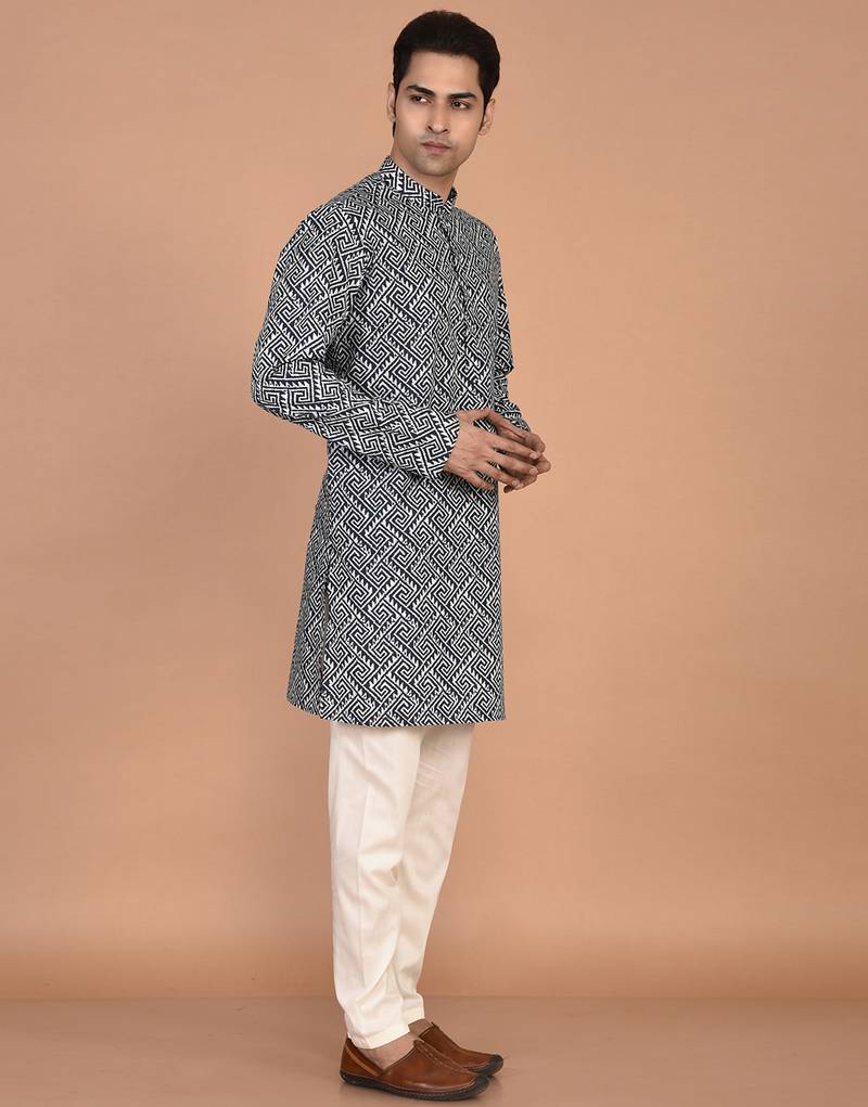 Men's geometric printed cotton straight kurta