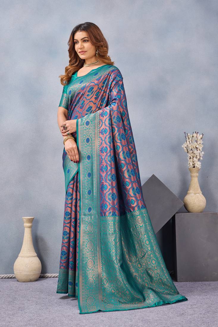 Turquoise silk blend banarasi saree with unstitched blouse piece