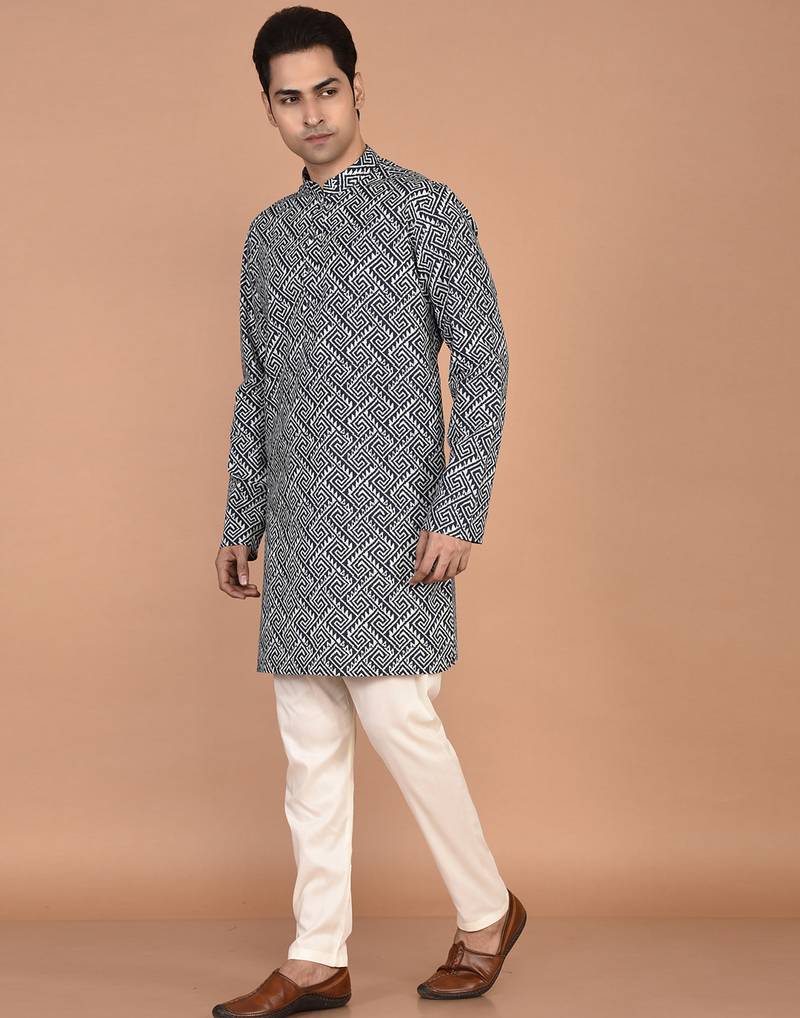 Men's geometric printed cotton straight kurta