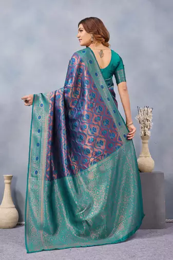 Turquoise silk blend banarasi saree with unstitched blouse piece