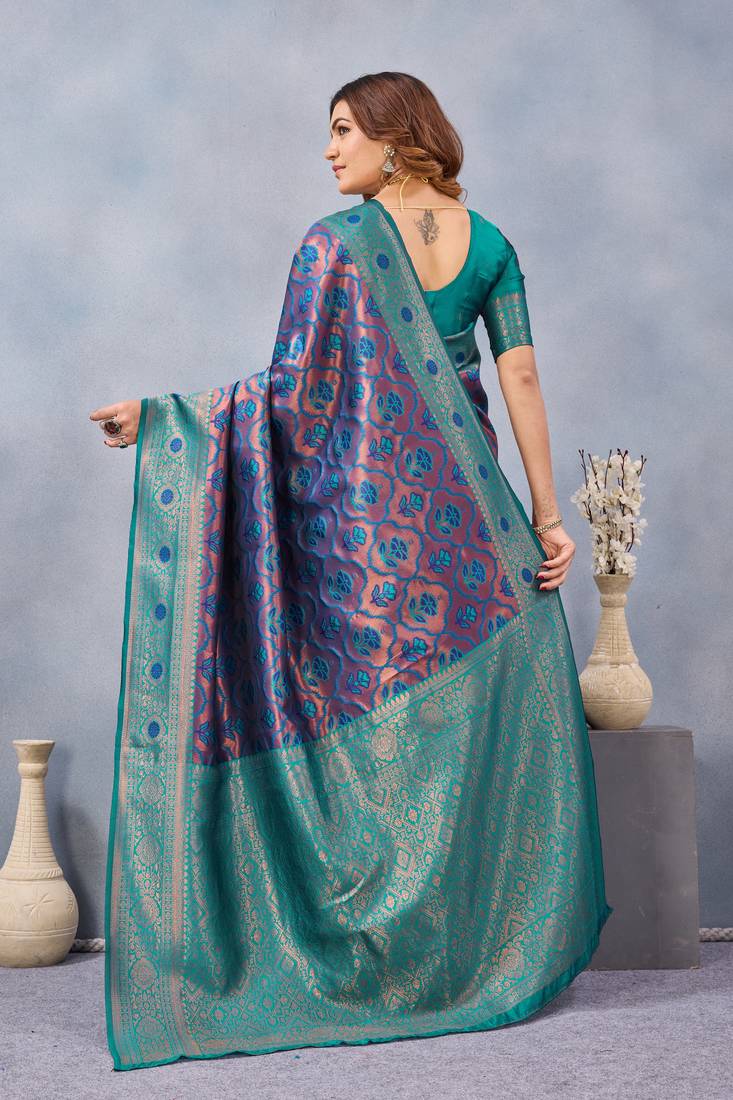 Turquoise silk blend banarasi saree with unstitched blouse piece