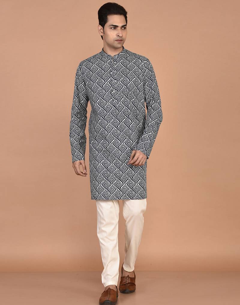 Men's geometric printed cotton straight kurta