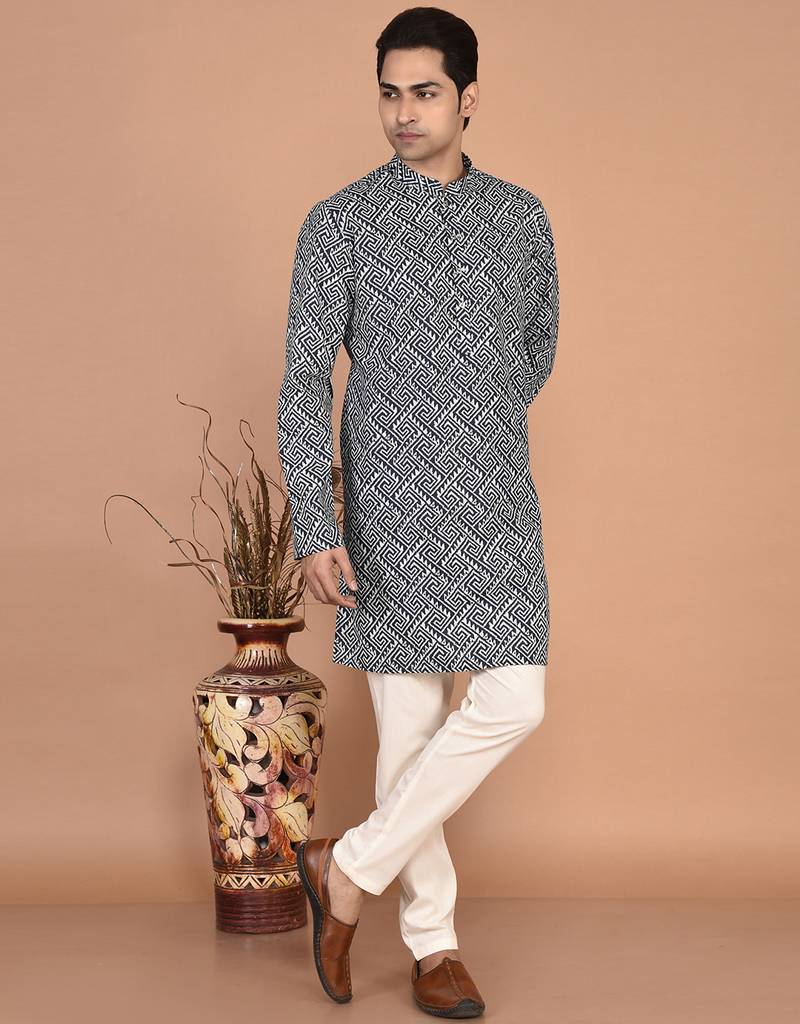 Men's geometric printed cotton straight kurta