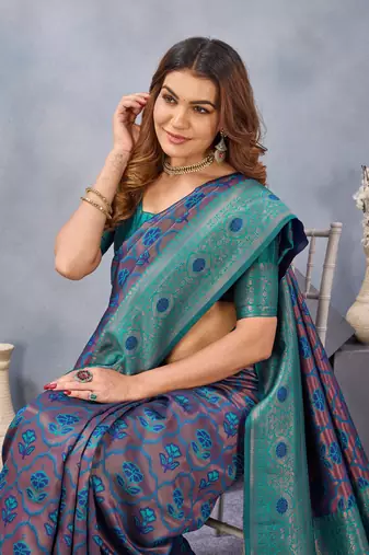 Turquoise silk blend banarasi saree with unstitched blouse piece