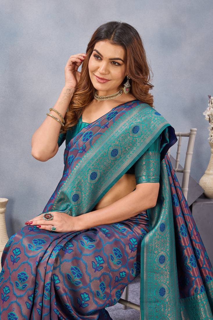 Turquoise silk blend banarasi saree with unstitched blouse piece