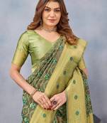 Light green silk blend banarasi saree with unstitched blouse piece