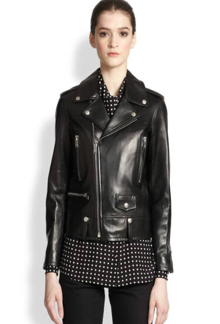 Women’s real soft lambskin leather jacket black- button detail & cross zipper stylish