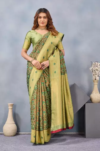 Light green silk blend banarasi saree with unstitched blouse piece