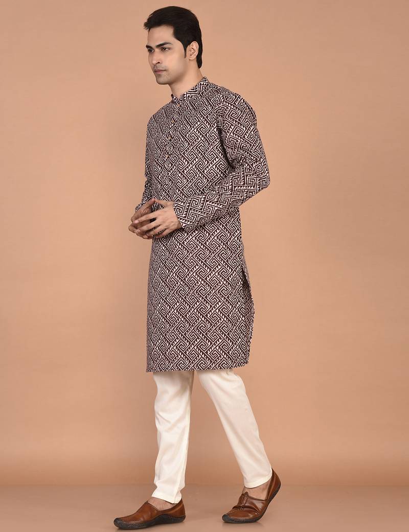 Men's geometric printed cotton straight kurta