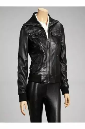 women's black lambskin leather jacket snap button front closure