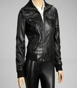 Women’s real soft lambskin leather jacket black-snap button zipper stylish