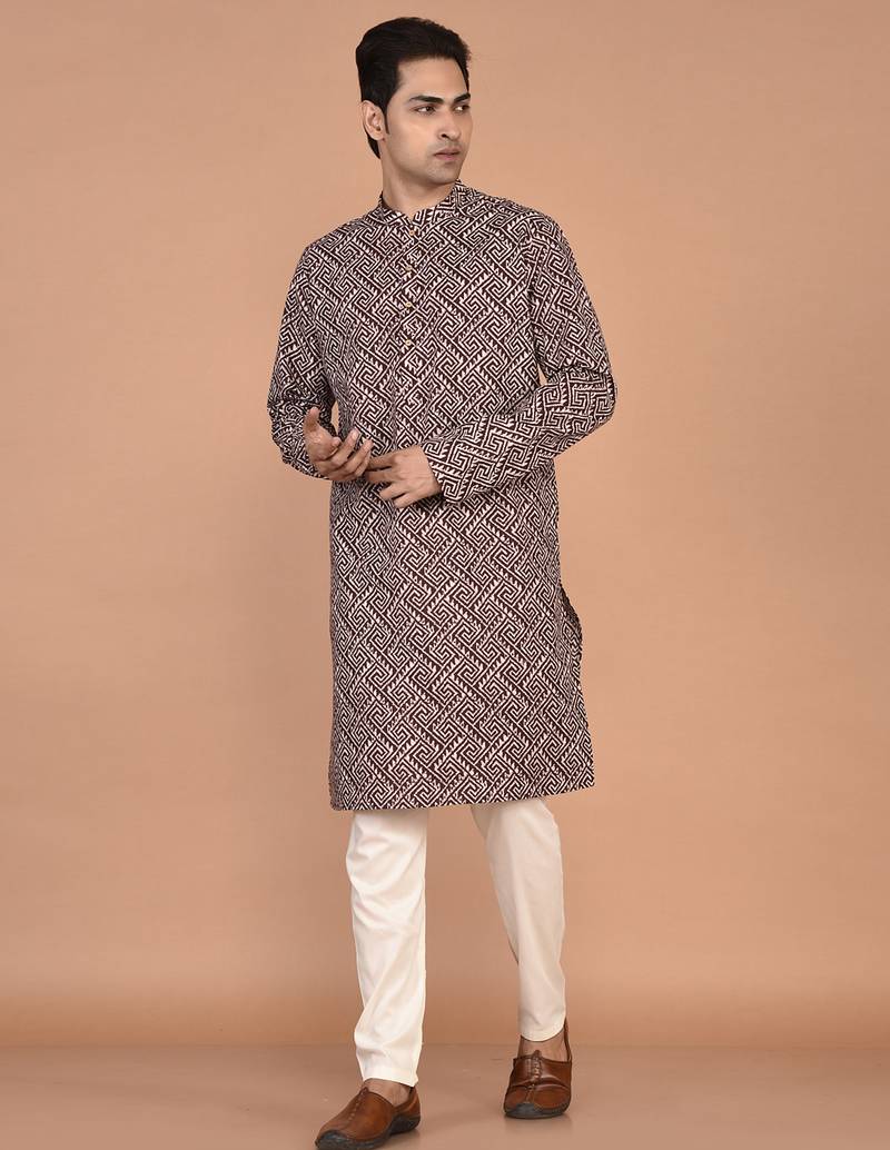 Men's geometric printed cotton straight kurta