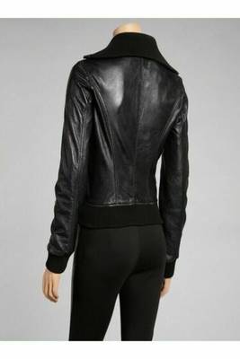women's black lambskin leather jacket snap button front closure 2
