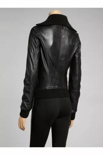 women's black lambskin leather jacket snap button front closure