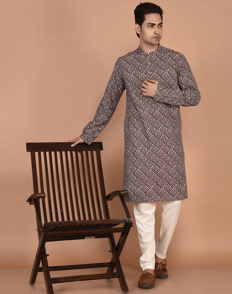 Men's geometric printed cotton straight kurta