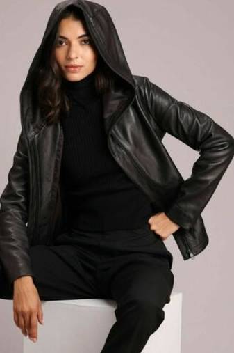 Women’s real soft lambskin leather jacket black hoodie motorcycle biker stylish slim fit
