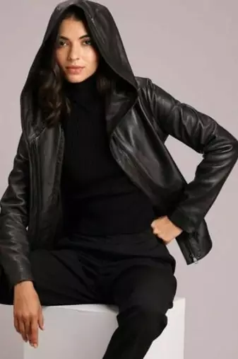 women's black lambskin leather biker jacket hooded biker silhouette premium