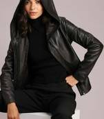 Women's real soft lambskin leather jacket black hoodie motorcycle biker stylish slim fit