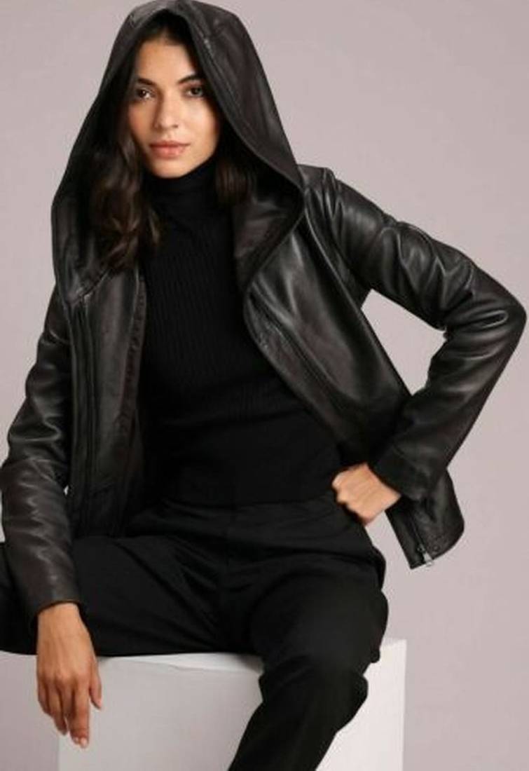 Women's real soft lambskin leather jacket black hoodie motorcycle biker stylish slim fit