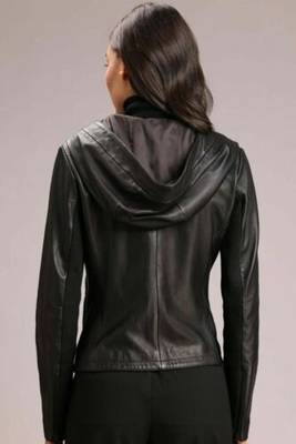 women's black lambskin leather biker jacket hooded biker silhouette premium 2
