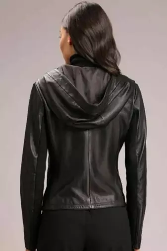 women's black lambskin leather biker jacket hooded biker silhouette premium