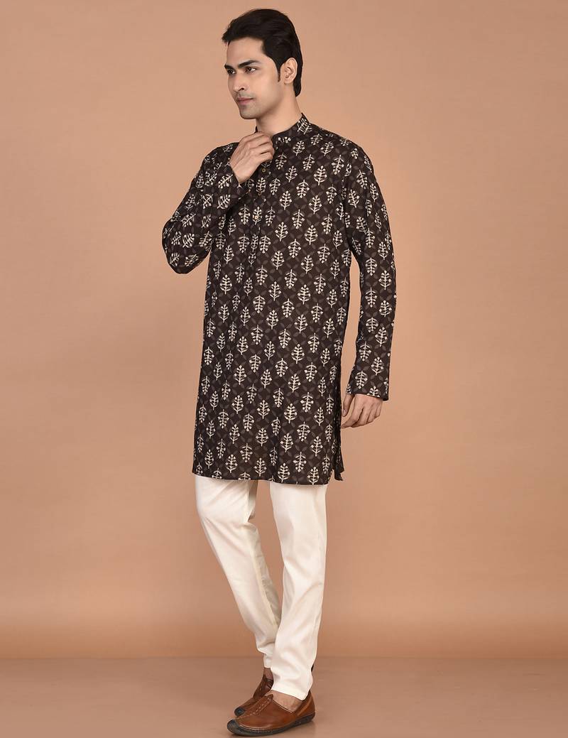 Men's floral printed cotton straight  kurta