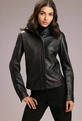 women's black lambskin leather biker jacket hooded biker silhouette premium 4