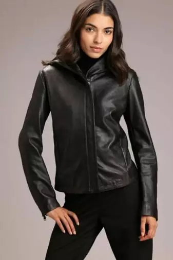 women's black lambskin leather biker jacket hooded biker silhouette premium