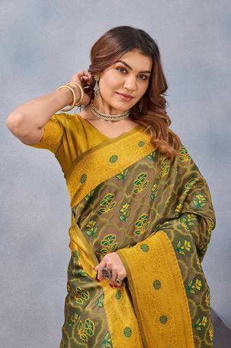 Green mustard soft silk blend banarasi jacuard work designer party wear saree with unstitched blouse piece