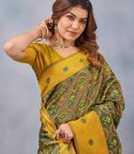 Green mustard silk blend banarasi saree with unstitched blouse piece