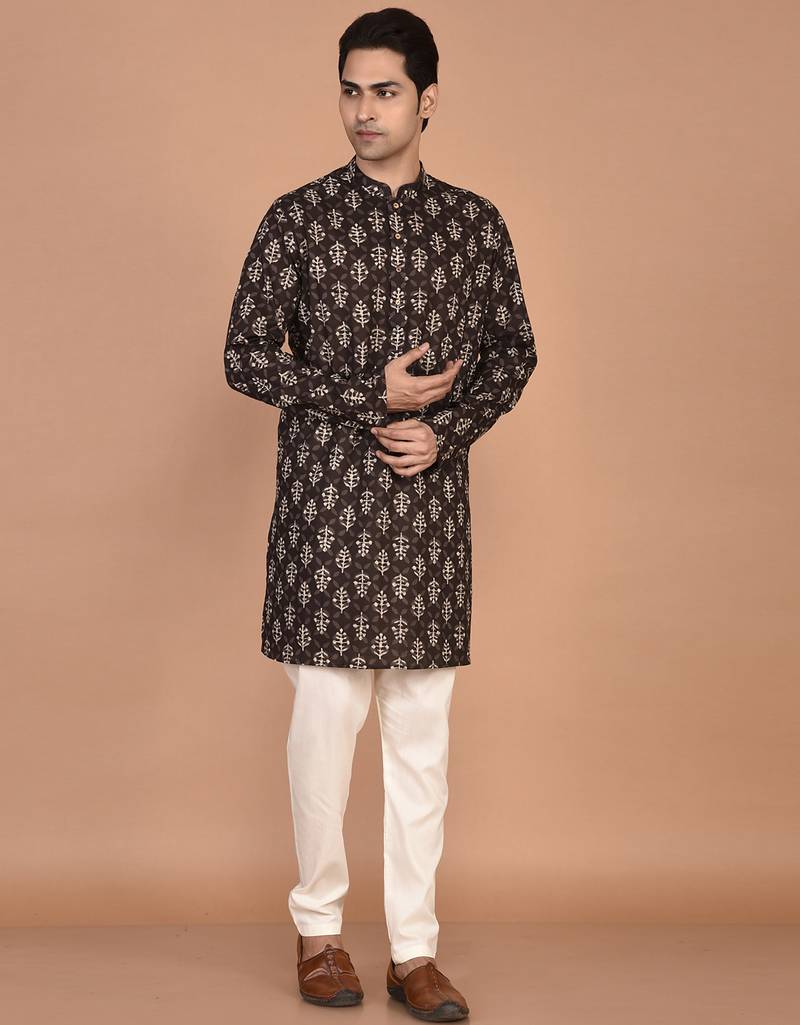 Men's floral printed cotton straight  kurta
