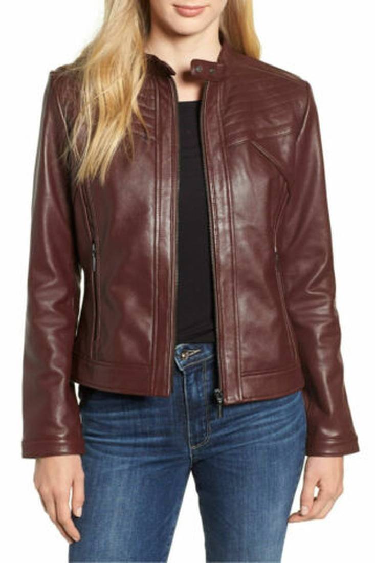 women's burgundy lambskin leather biker jacket premium quilted design