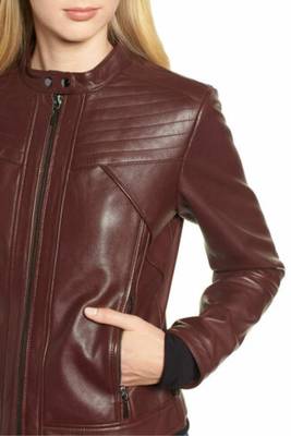 women's burgundy lambskin leather biker jacket premium quilted design 2