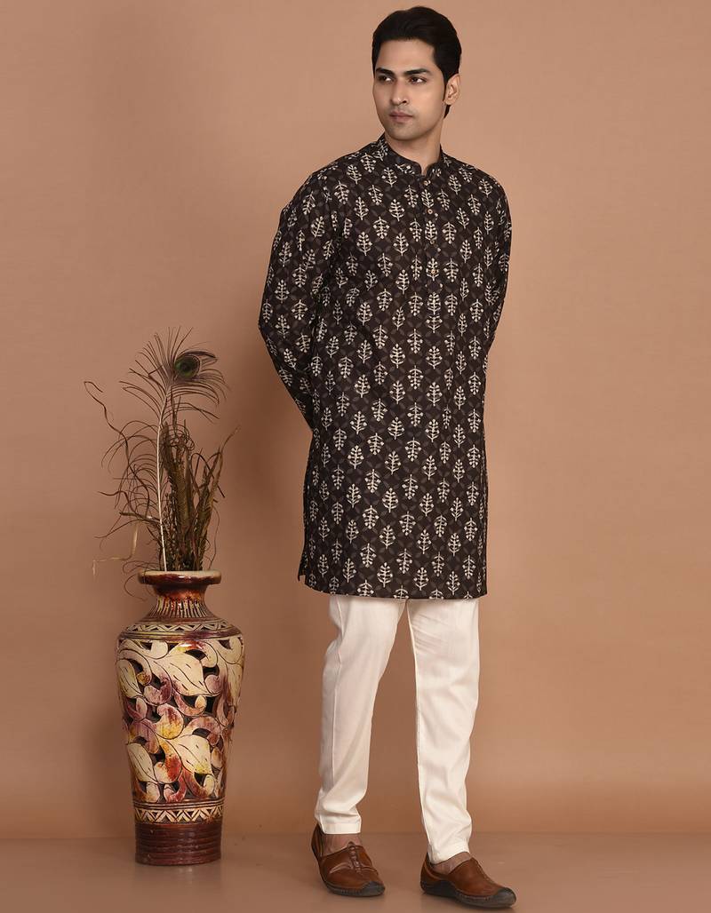 Men's floral printed cotton straight  kurta