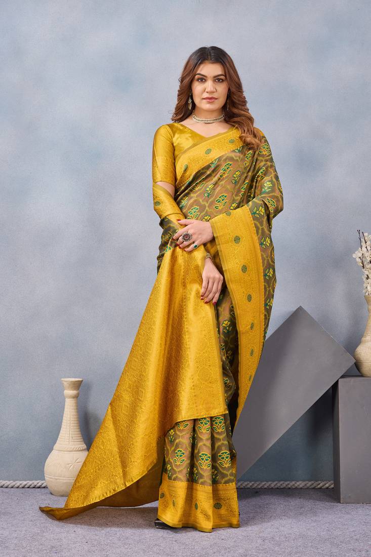Green mustard silk blend banarasi saree with unstitched blouse piece