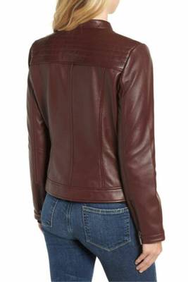 women's burgundy lambskin leather biker jacket premium quilted design 4