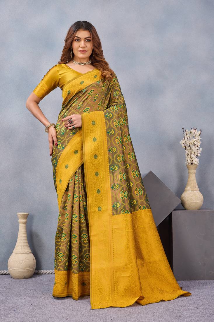 Green mustard silk blend banarasi saree with unstitched blouse piece