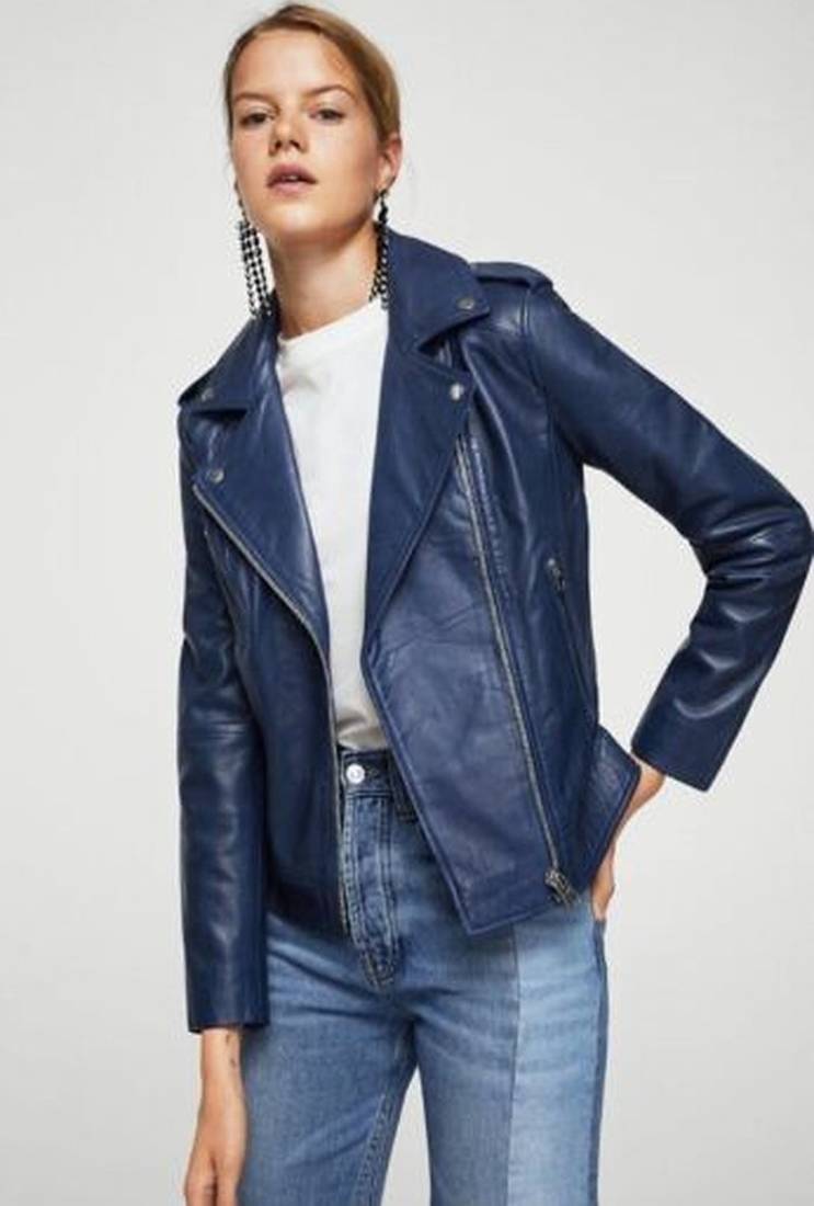Women's real soft lambskin leather slim fit jacket blue zipper stylish