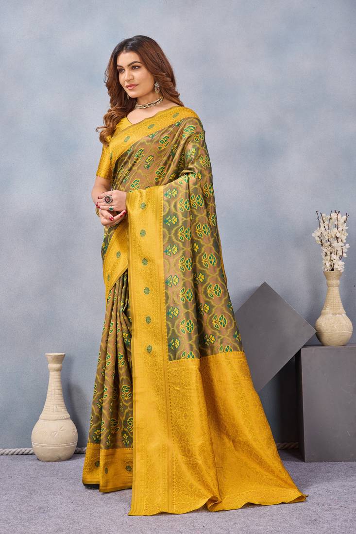 Green mustard silk blend banarasi saree with unstitched blouse piece