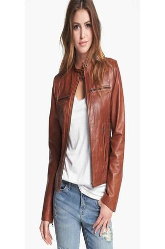 women's brown lambskin leather biker jacket classic moto zip style premium authentic
