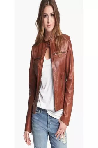 women's brown lambskin leather biker jacket classic moto zip style premium authentic