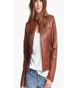 Women’s real soft lambskin leather jacket brown motorcycle biker stylish