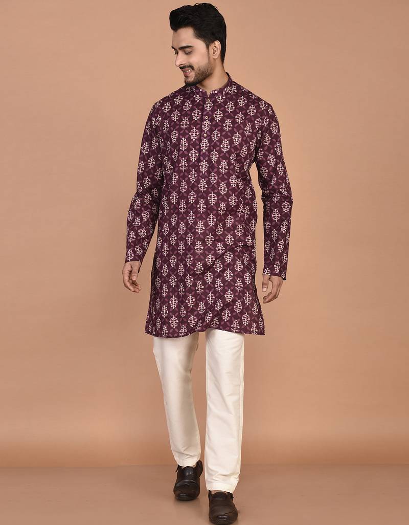 Men's floral printed cotton straight  kurta